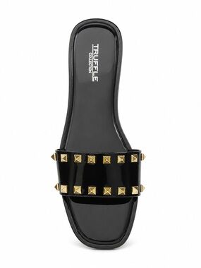 Truffle Collection Black Patent Slide Sandals with Gold Studs